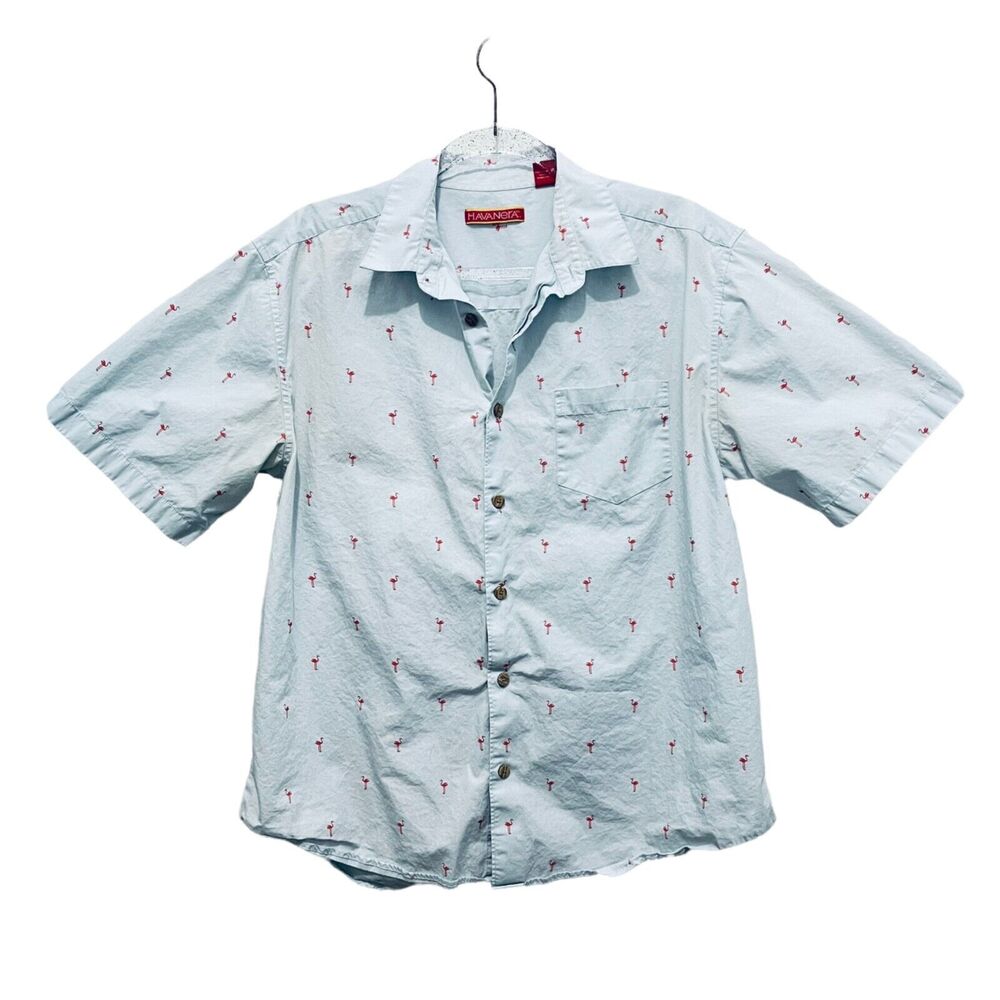 Havanera Flamingo Shirt Mens L Large Button Up Short Sleeve Casual Collared Blue